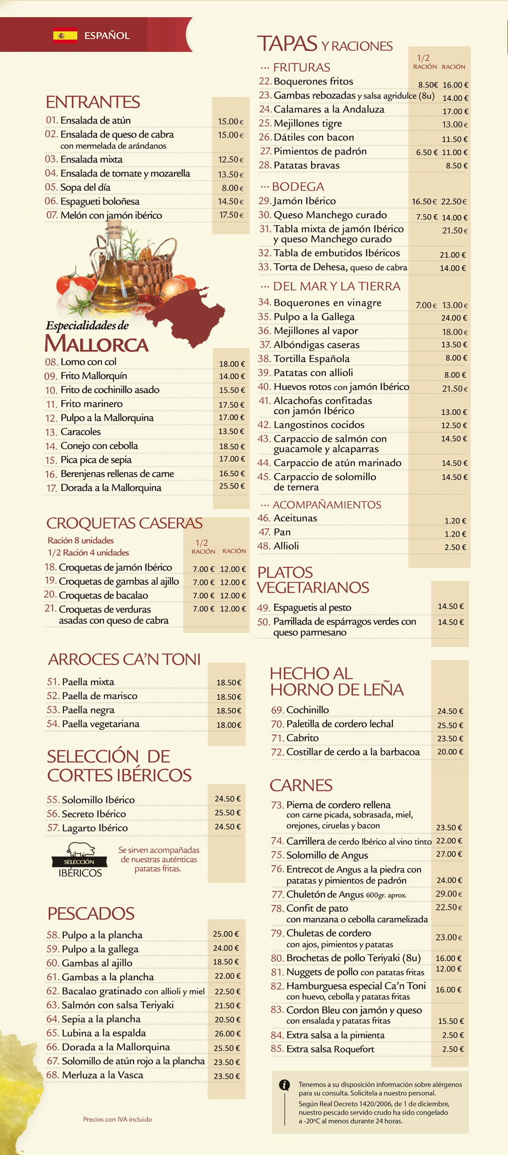Carta 2025 · Café Ca'n Toni Restaurant · Palma de Mallorca